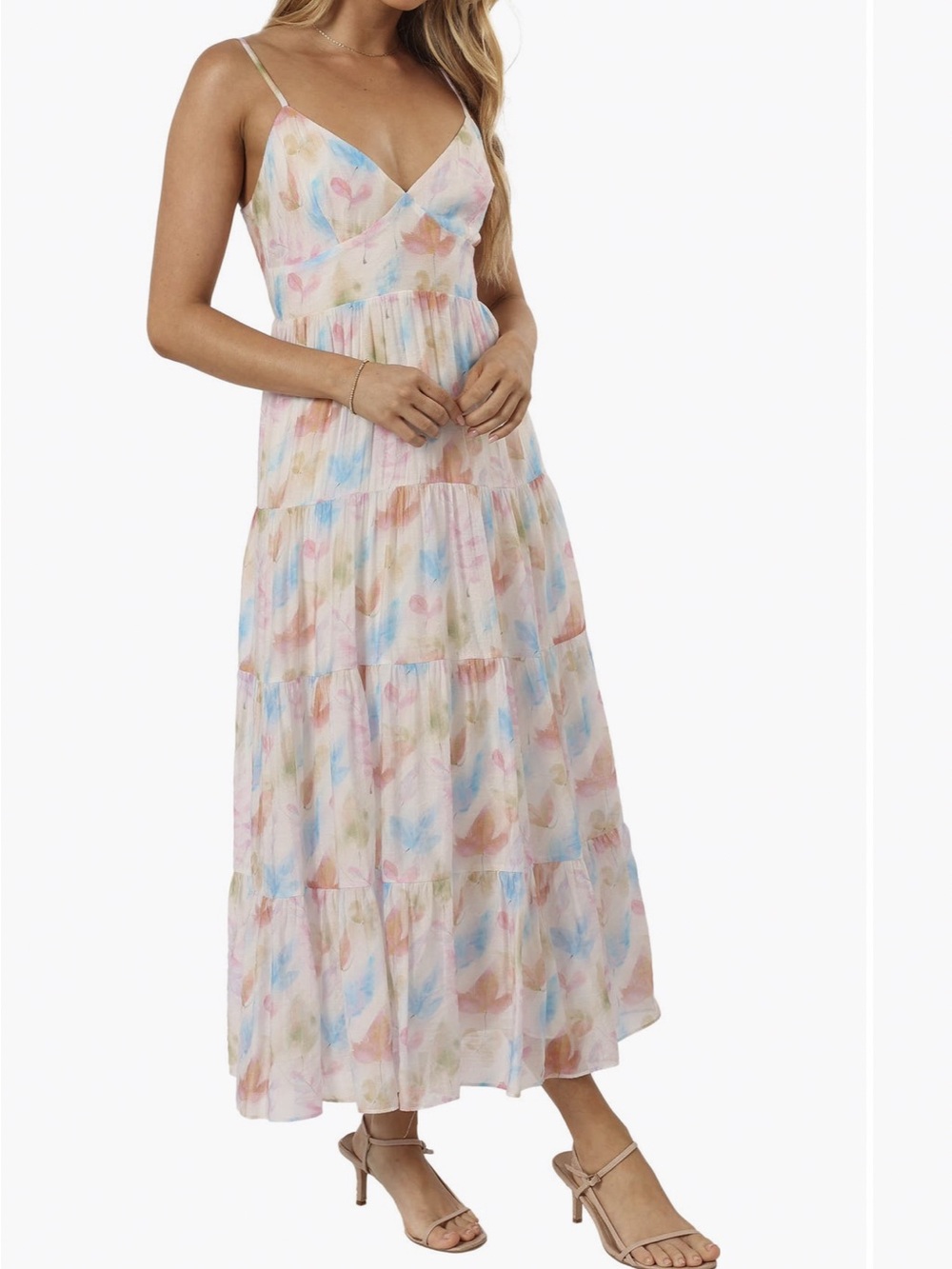 Petal & Pup Pastel Watercolor Tiered Maxi Dress in Pink, Blue & Cream